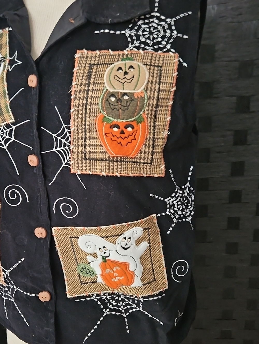 Tantrums Black Halloween Patchwork Vest with Orange & Cream Accents Size Medium - Picture 3 of 11